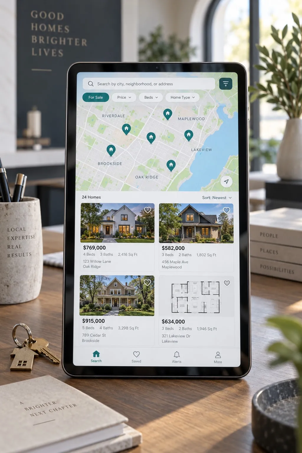 Tablet displaying a property-search map, home listings and a floor plan