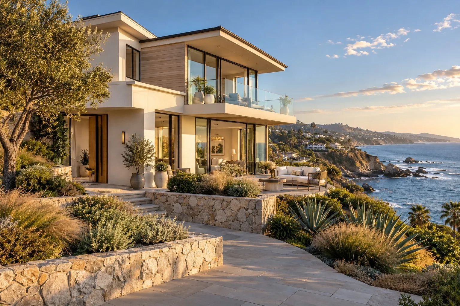 Laguna Beach–style coastal home above rocky coves with an ocean-view terrace